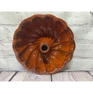 Vintage Brown Drip Glaze Pottery Bundt Cake Pan Mold 7" Fluted Bakeware Orange